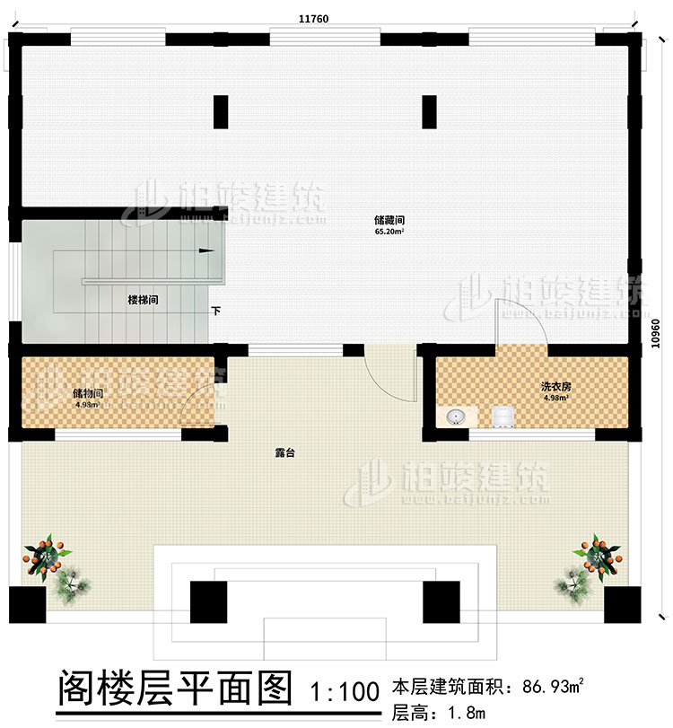 阁楼：2储物间、楼梯间、洗衣房、露台